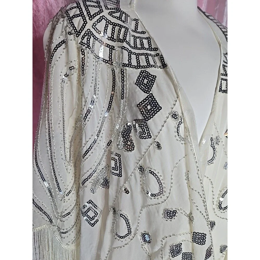 Anna Kaci Exquisite White Sequin Fringe Statement Shawl Wrap One Size